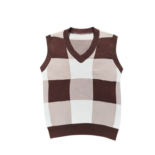 Braun creme karierter V-Neck Strickpullunder vorne