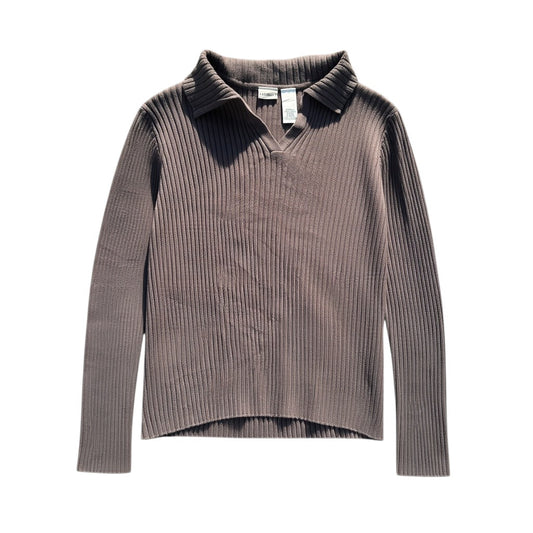 Brauner L.L.Bean Damen-Rippenpullover mit offenem Polokragen, Vorderansicht