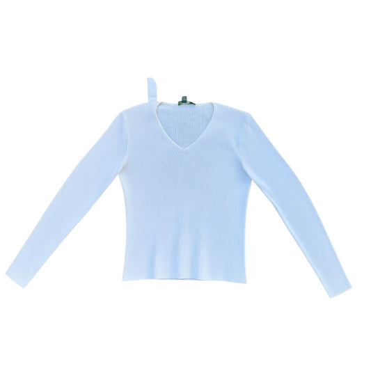 Hellblauer Lauren Ralph Lauren V-Neck Rippstrickpullover vorne