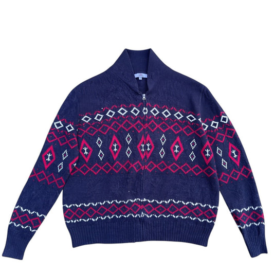 Dunkle Mountain Ridge Strickjacke mit rot weißem Muster vorne