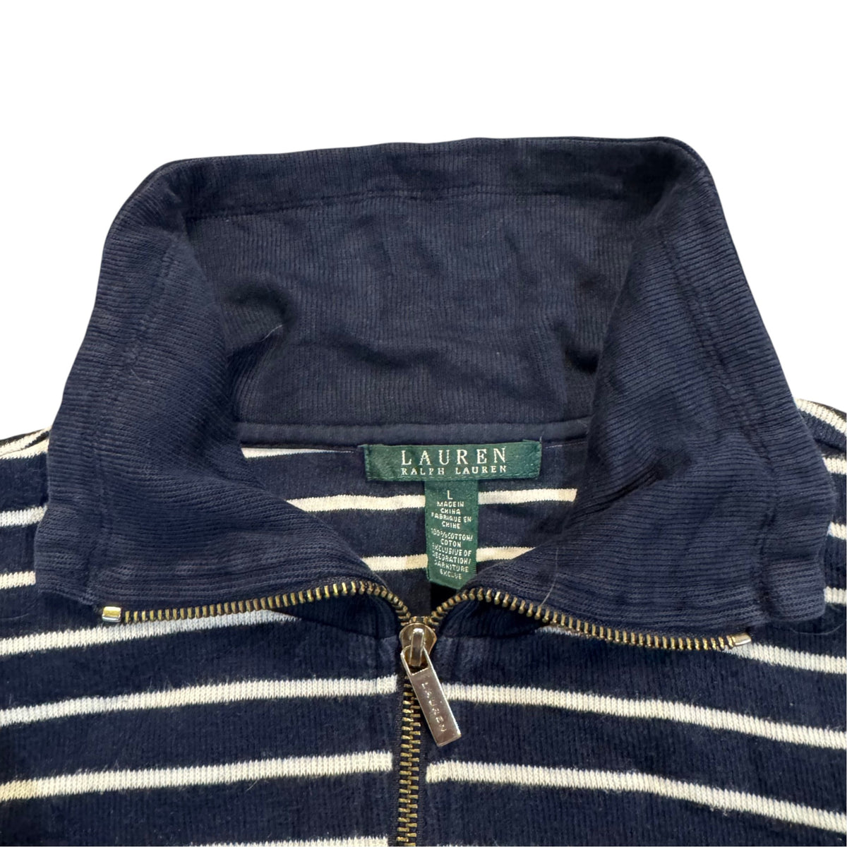Lauren Ralph Lauren gestreifter Half-Zip-Pullover — Navy/Creme · L – Etikett/Detail