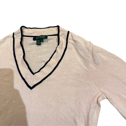 Lauren Ralph Lauren V-Neck-Pullover mit Kontrastkante — Creme/Navy · M – Detailansicht