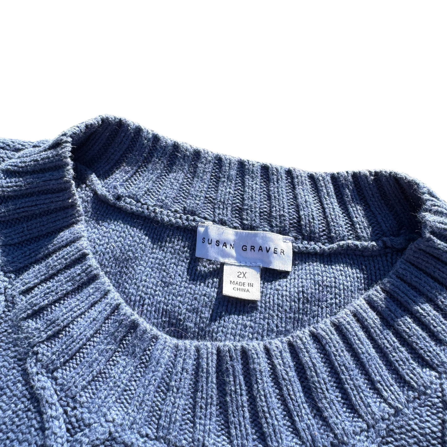 Susan Graver Cable-Knit Crewneck – Blau · 2X – Marken- und Größenetikett