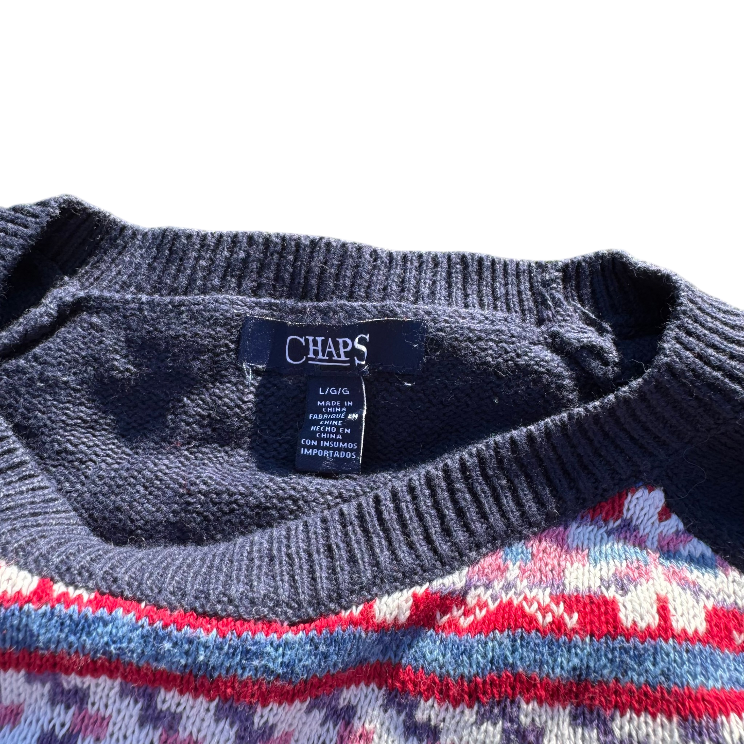 Chaps Fair-Isle Crewneck – Navy/Mehrfarbig · L – Marken- und Größenetikett