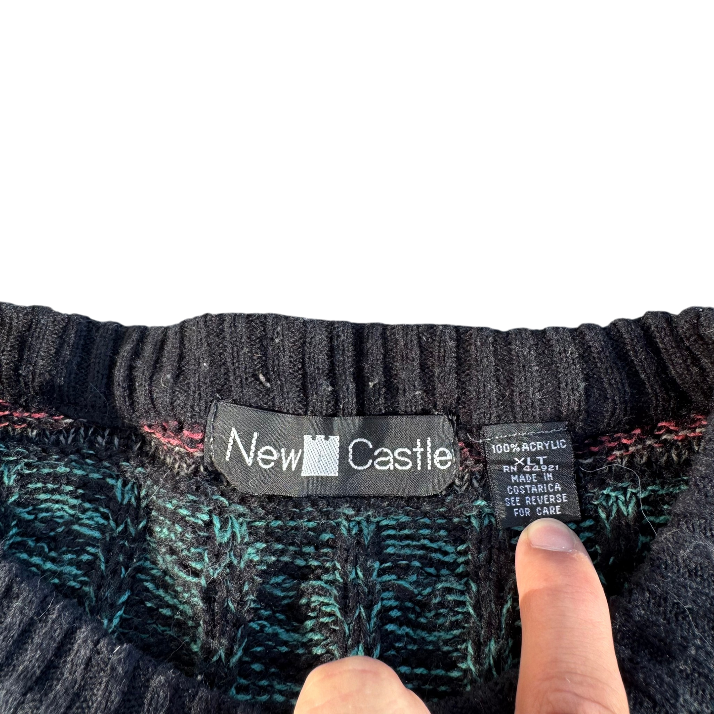 New Castle Patterned Crewneck – Grün/Bordeaux/Anthrazit · XL Tall – Marken- und Größenetikett