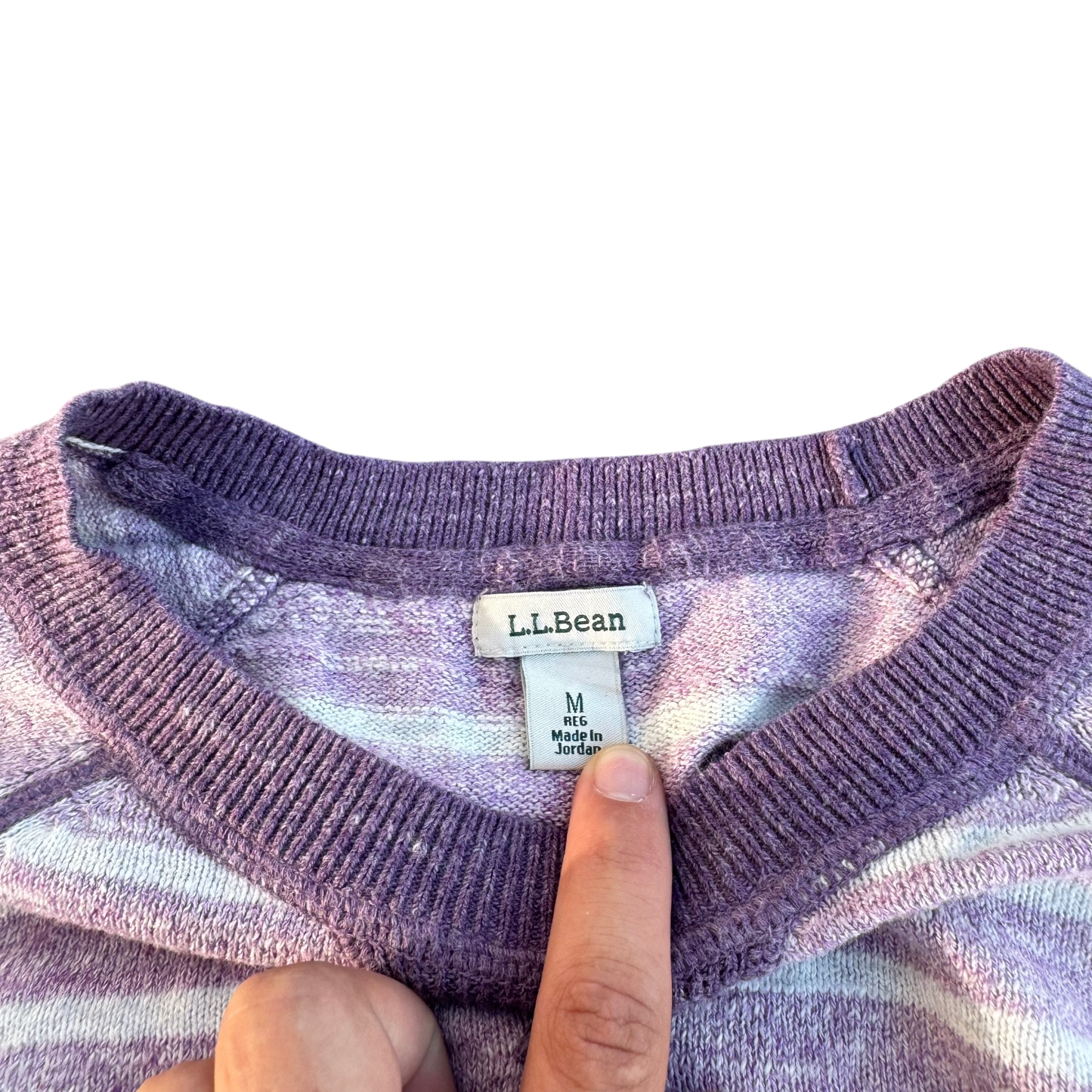 L.L.Bean Striped Crewneck – Lila/Weiß · M Regular – Marken- und Größenetikett