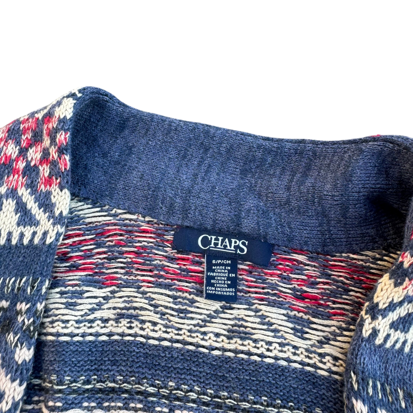 Chaps Fair-Isle Cardigan – Navy/Weiß/Rot · S – Marken- und Größenetikett