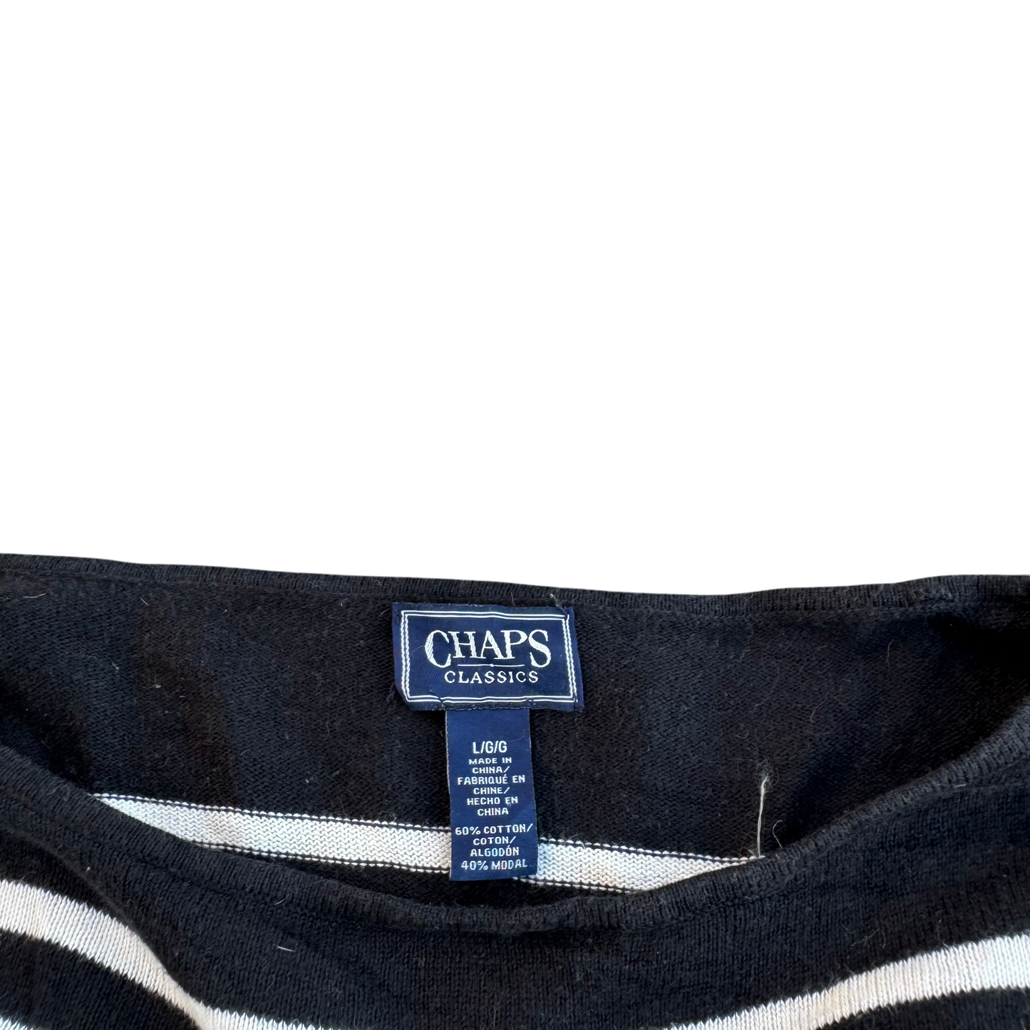 Chaps Classics Striped Crewneck – Schwarz/Weiß · L – Marken- und Größenetikett