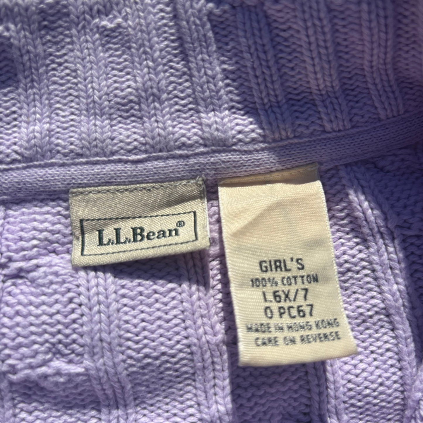 L.L.Bean Girls Zopfstrick-Full-Zip Flieder, Gr. L 6X/7 – Marken- und Größenetikett