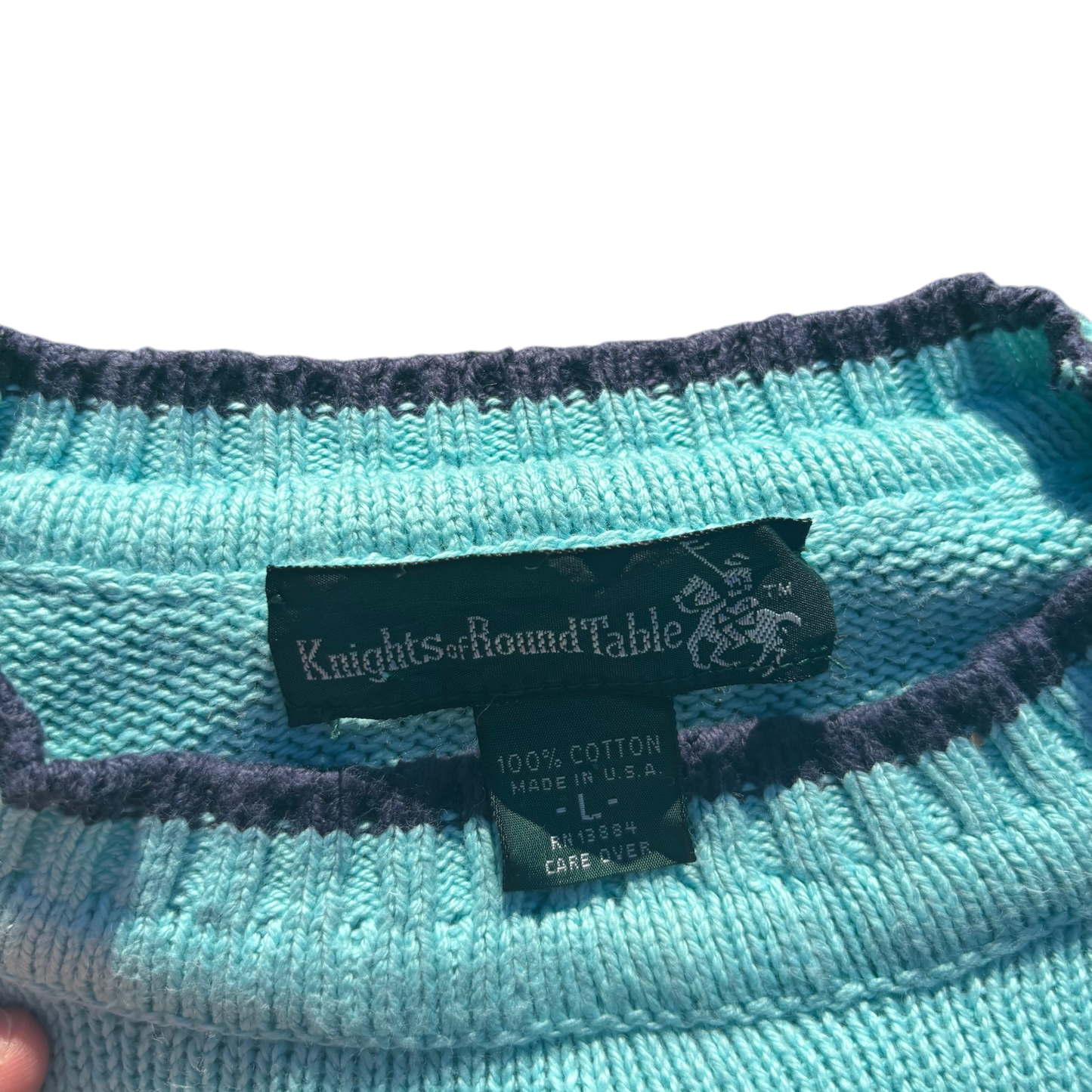 Knights of Round Table Streifen-Pullover Mint/Navy, Gr. L – Marken- und Größenetikett