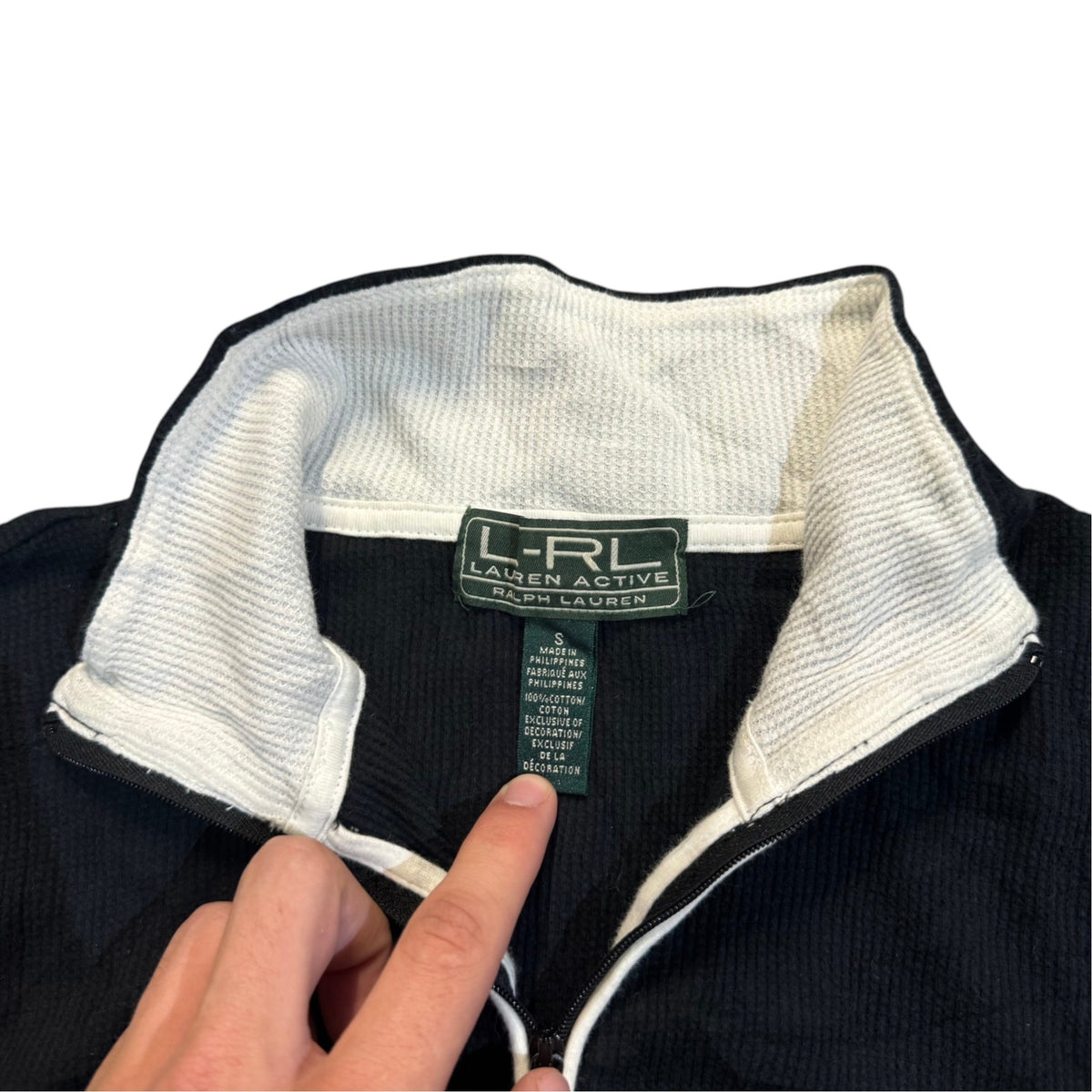 Lauren Active Kontrastkragen-Pullover mit Reißverschluss — Navy/Creme · S – Etikett/Detail