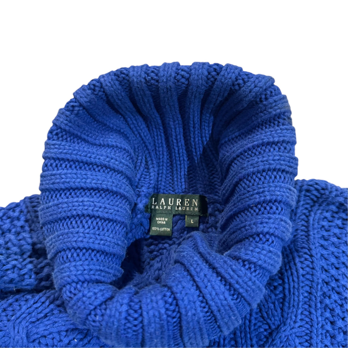Lauren Ralph Lauren Zopfstrickpullover mit hohem Kragen — Kobaltblau · L – Etikett/Detail