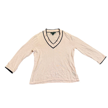 Lauren Ralph Lauren V-Neck-Pullover mit Kontrastkante — Creme/Navy · M – Vorderansicht