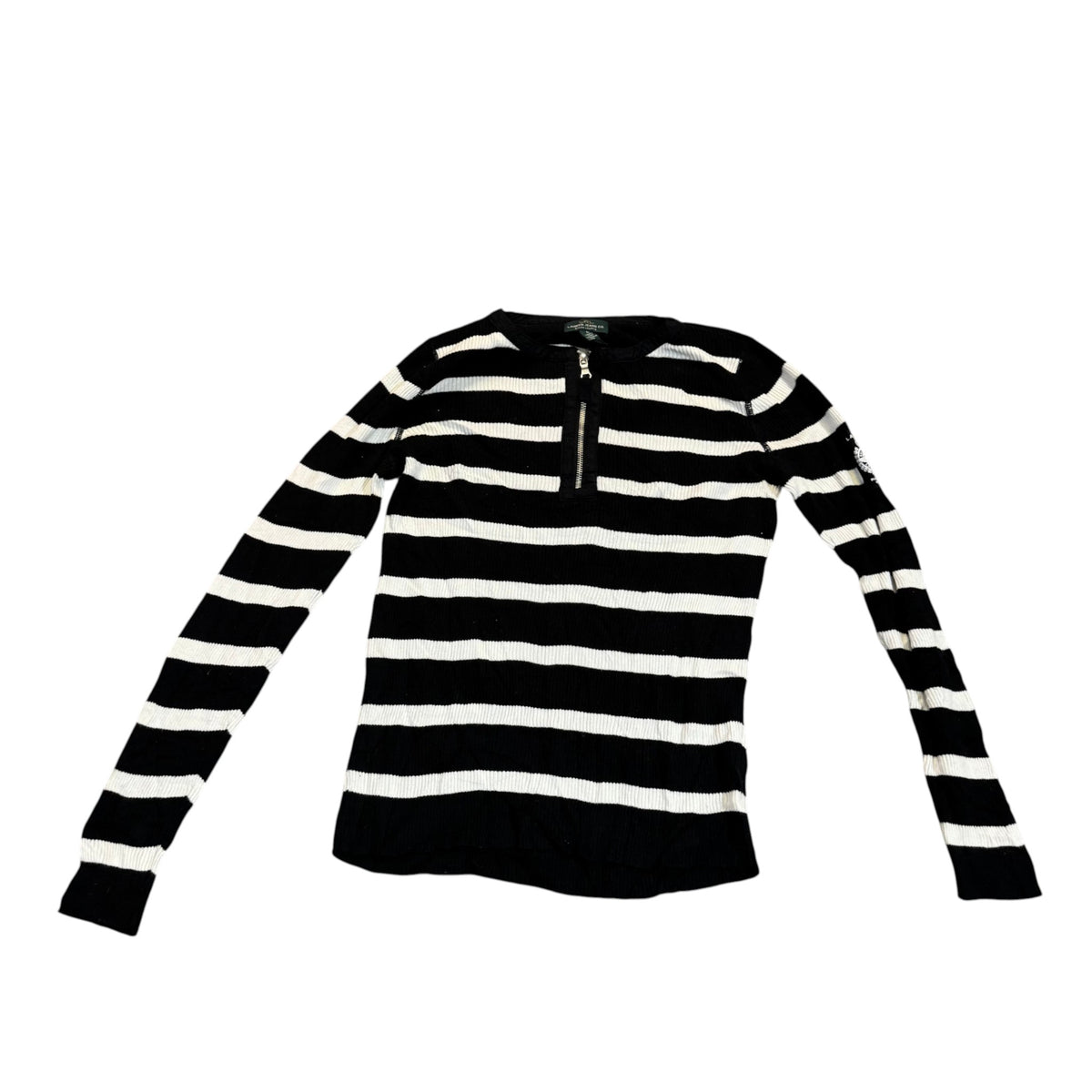 Lauren Jeans Co. gestreifter Half-Zip-Pullover — Schwarz/Creme · M – Vorderansicht