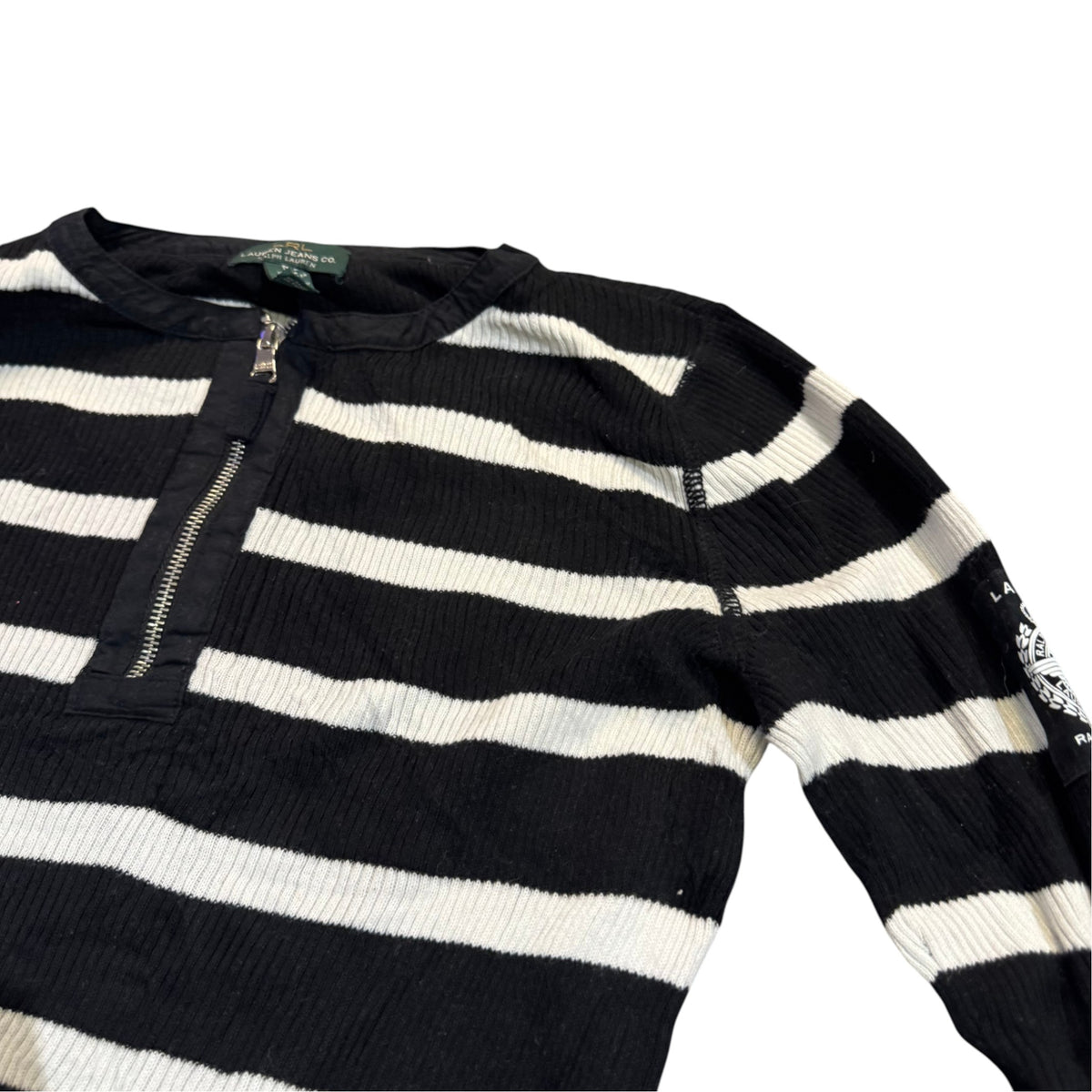 Lauren Jeans Co. gestreifter Half-Zip-Pullover — Schwarz/Creme · M – Detailansicht