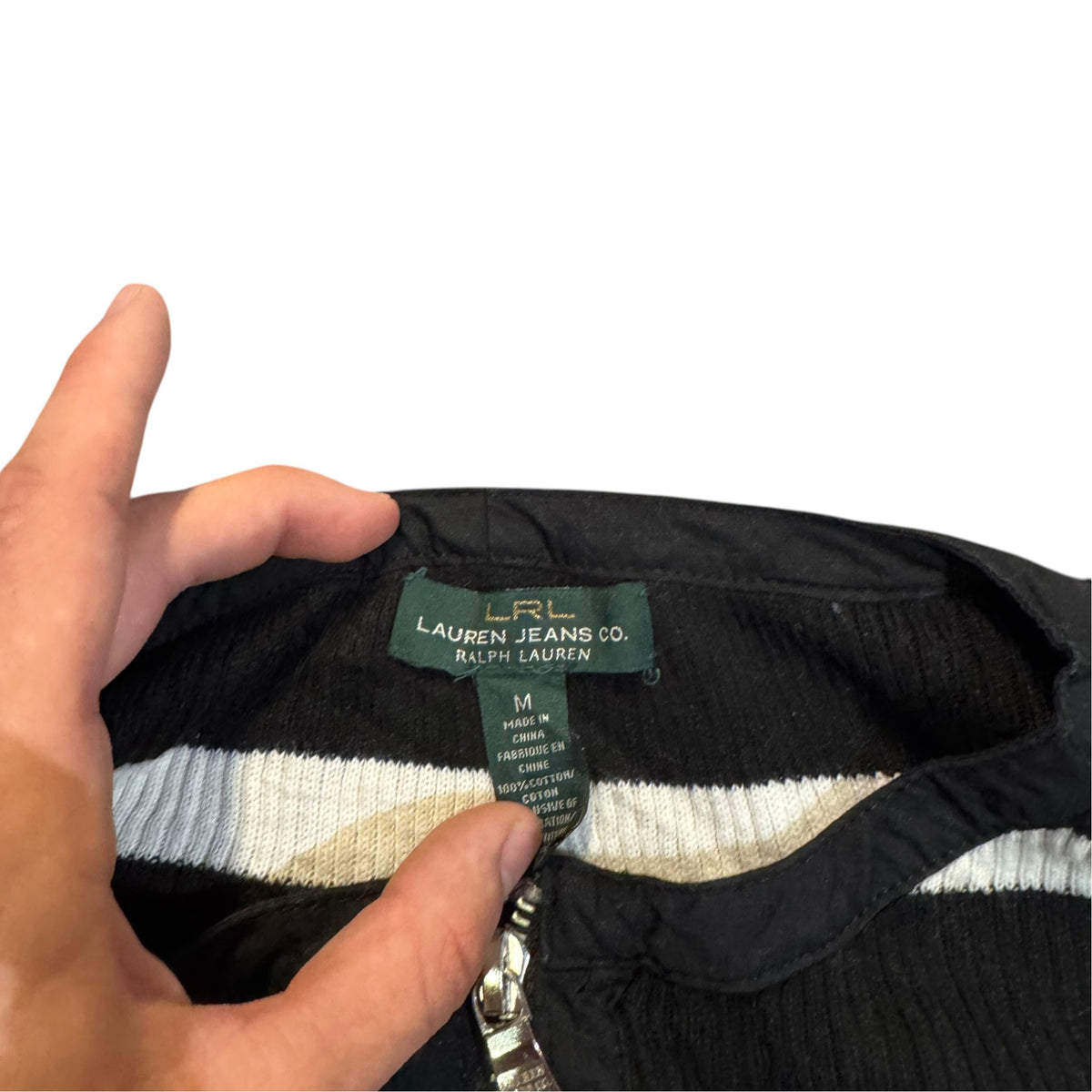 Lauren Jeans Co. gestreifter Half-Zip-Pullover — Schwarz/Creme · M – Etikett/Detail