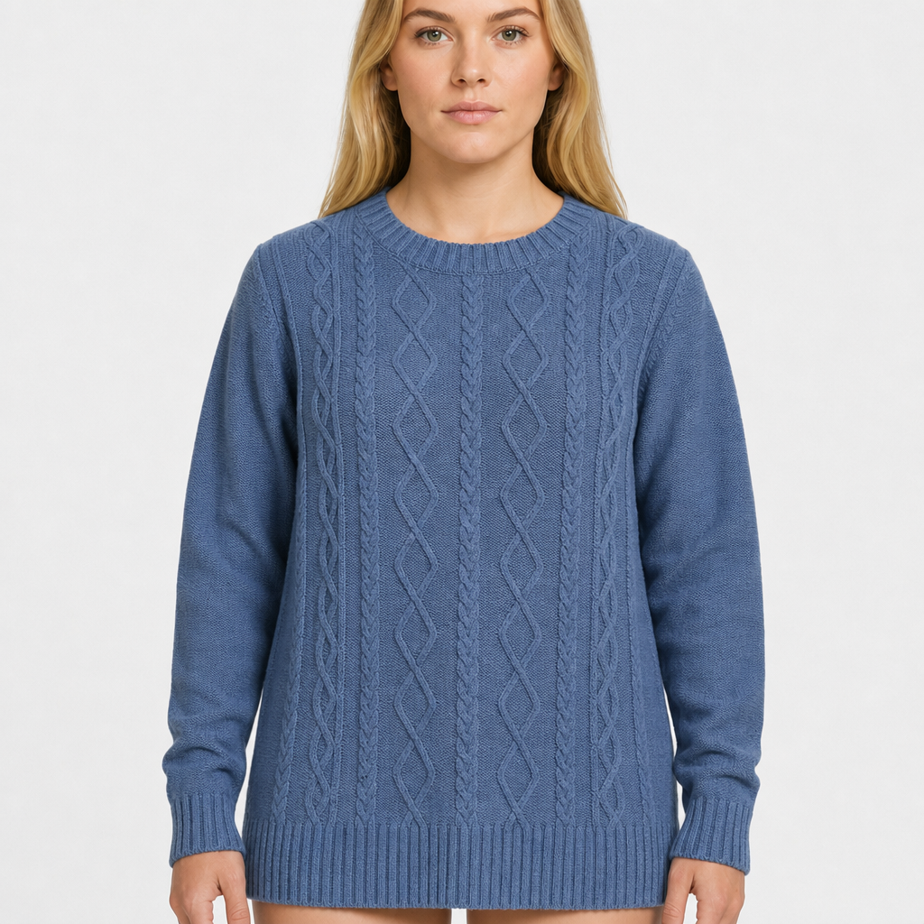 Susan Graver Cable-Knit Crewneck – Blau · 2X am Model