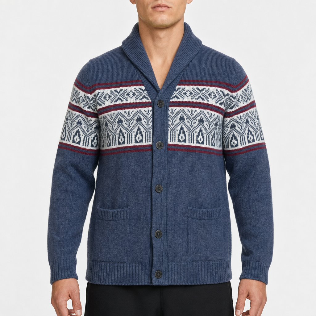 Gap Fair-Isle Shawl Cardigan – Navy/WeiÃŸ/Rot · XL am Model