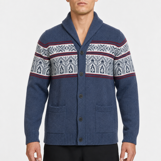 Gap Fair-Isle Shawl Cardigan – Navy/WeiÃŸ/Rot · XL am Model