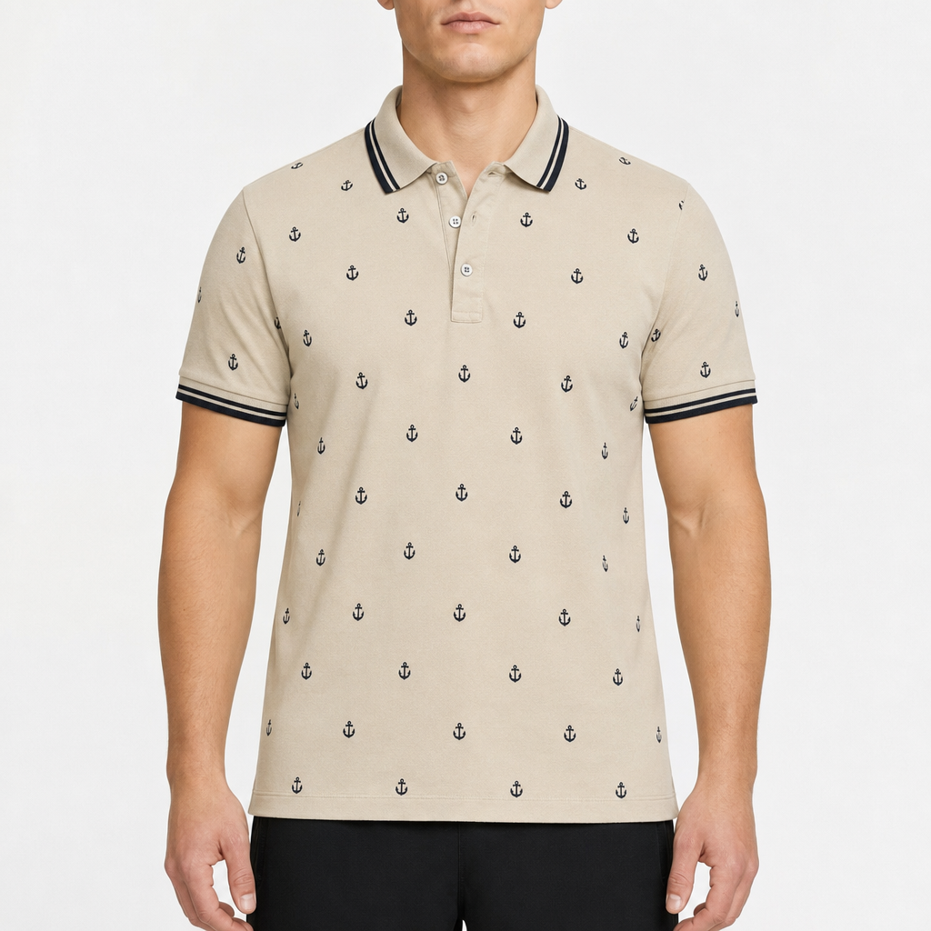 Mariner Anchor Print Polo – Creme/Navy · L am Model
