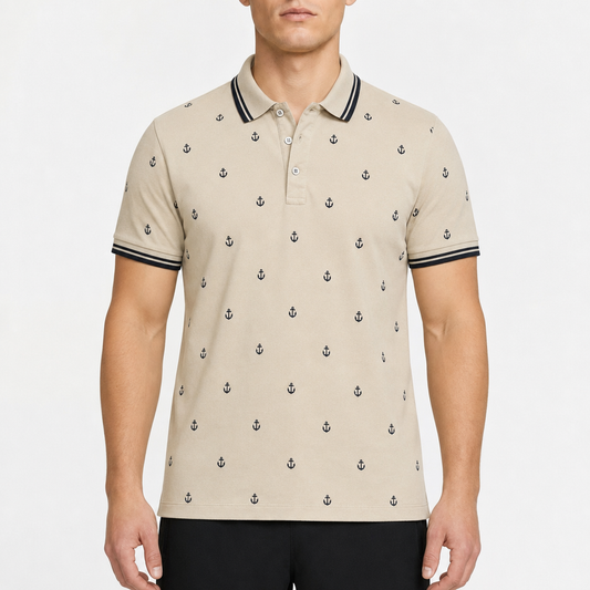 Mariner Anchor Print Polo – Creme/Navy · L am Model