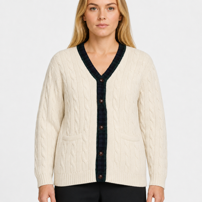 Gap Cable-Knit Cardigan – Creme/Navy · L am Model