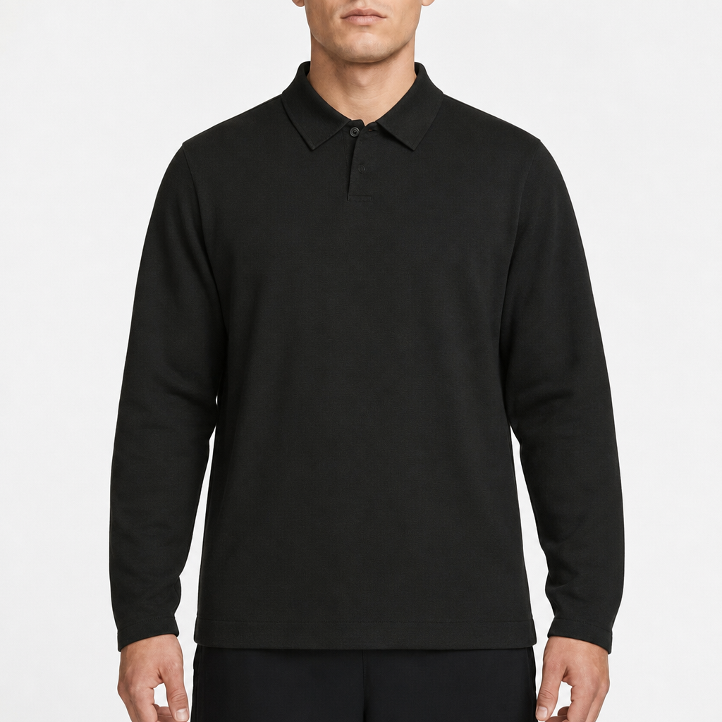 Brandini Fine-Knit Longsleeve Polo – Schwarz · L am Model