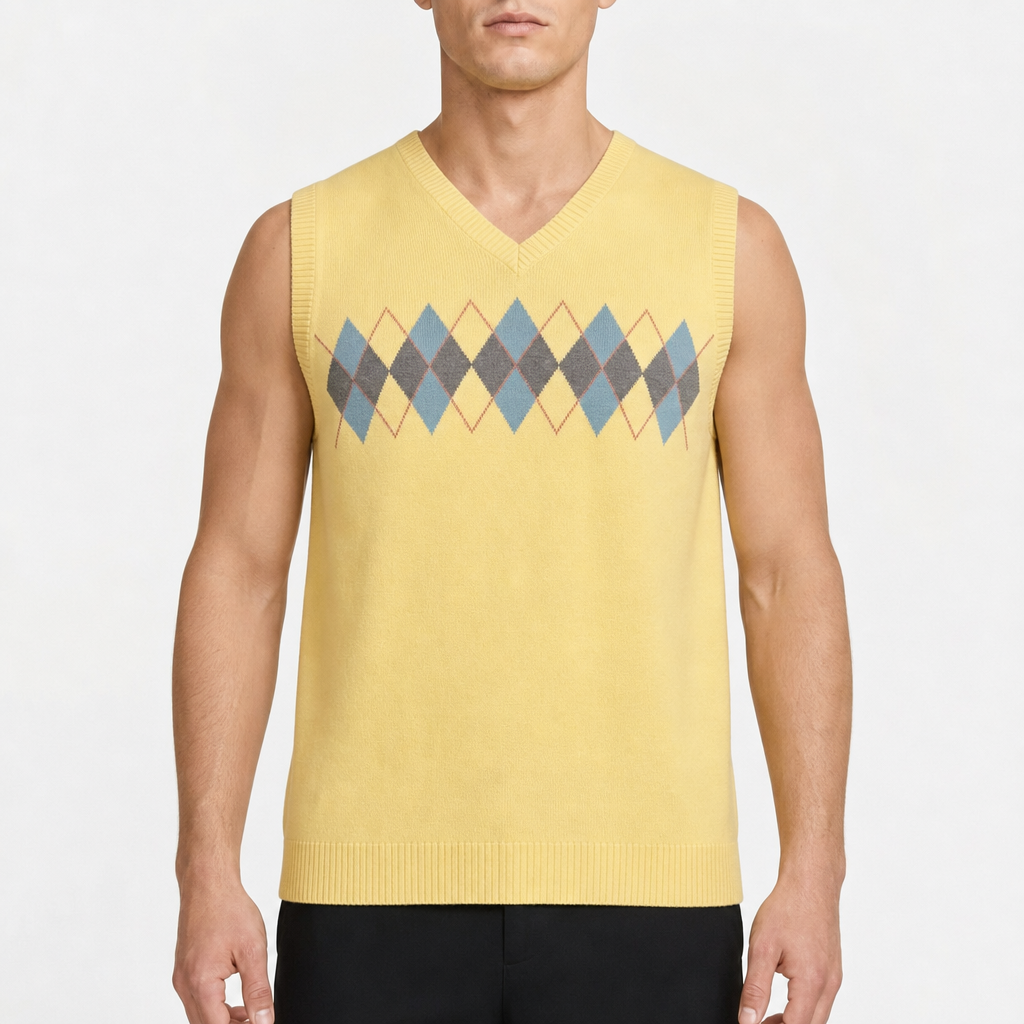 Geoffrey Beene Argyle V-Neck Vest – Gelb/Blau/Grau · XL am Model
