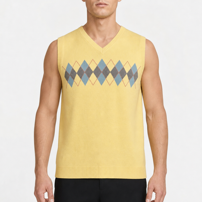 Geoffrey Beene Argyle V-Neck Vest – Gelb/Blau/Grau · XL am Model