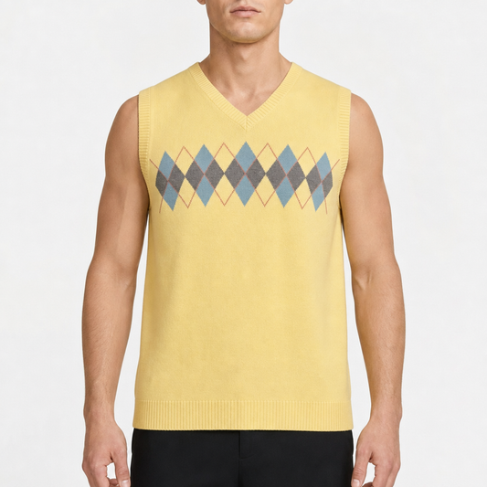 Geoffrey Beene Argyle V-Neck Vest – Gelb/Blau/Grau · XL am Model