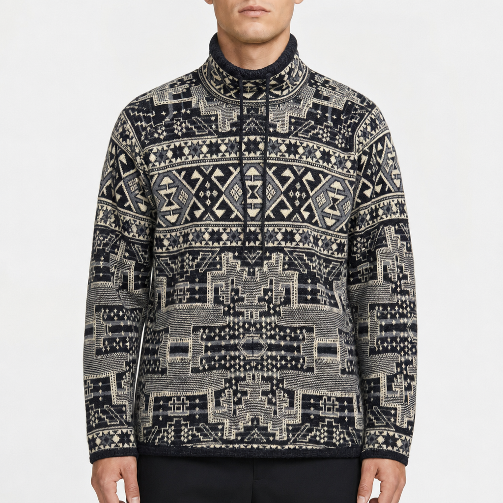 Chaps Denim Geometric Mockneck Knit – Schwarz/Creme · 3X am Model