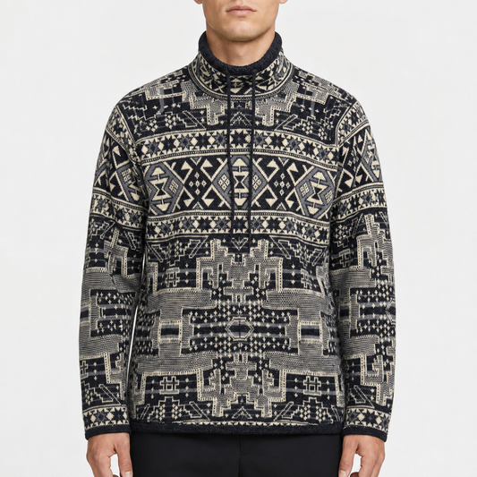 Chaps Denim Geometric Mockneck Knit – Schwarz/Creme · 3X am Model