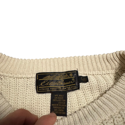Eddie Bauer Grobstrick-Pullover Creme, Gr. L – Etikett